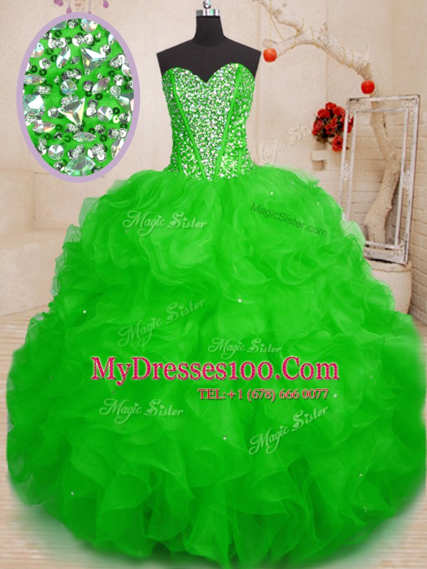 Floor Length Green Quinceanera Dresses Organza Sleeveless Beading and Ruffles