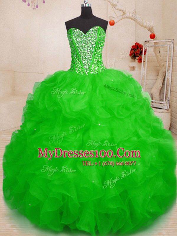 Floor Length Green Quinceanera Dresses Organza Sleeveless Beading and Ruffles