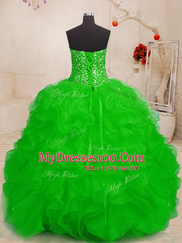 Floor Length Green Quinceanera Dresses Organza Sleeveless Beading and Ruffles