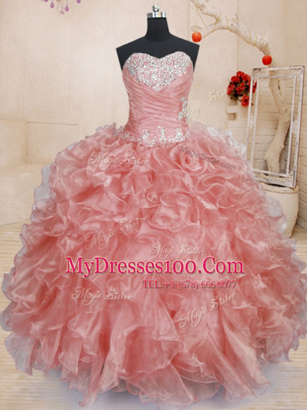 Watermelon Red Organza Lace Up 15 Quinceanera Dress Sleeveless Floor Length Beading and Ruffles