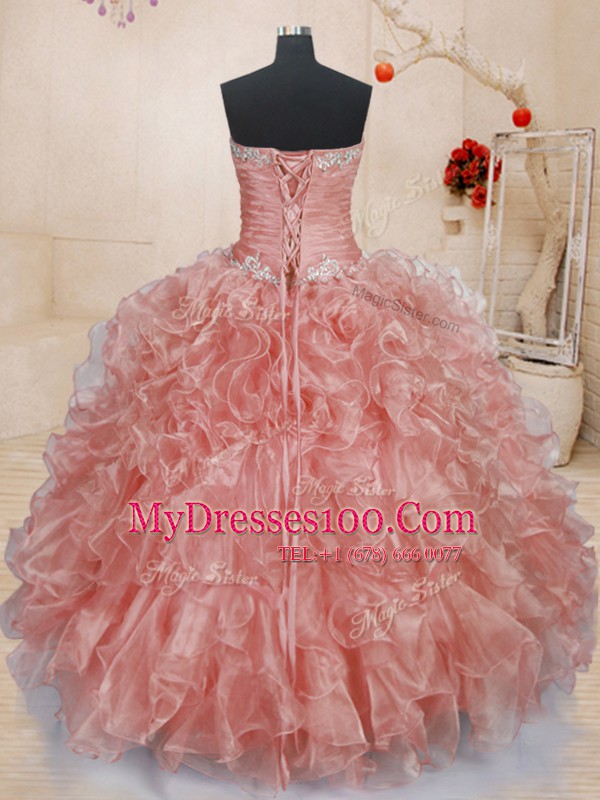 Watermelon Red Organza Lace Up 15 Quinceanera Dress Sleeveless Floor Length Beading and Ruffles