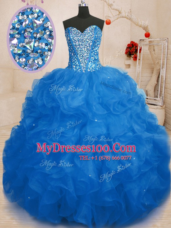 Beautiful Sweetheart Sleeveless Organza Quince Ball Gowns Beading and Ruffles Lace Up