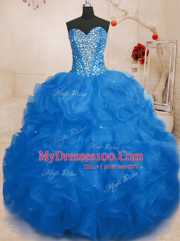 Beautiful Sweetheart Sleeveless Organza Quince Ball Gowns Beading and Ruffles Lace Up