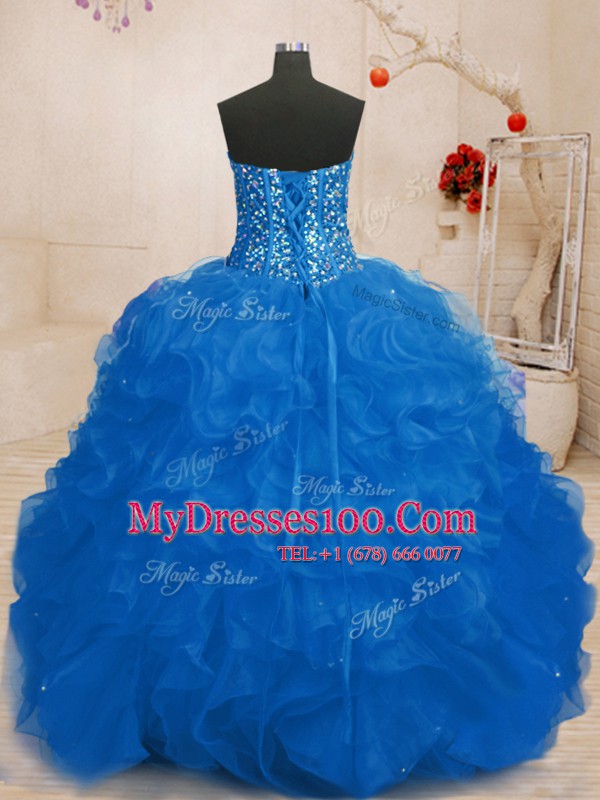 Beautiful Sweetheart Sleeveless Organza Quince Ball Gowns Beading and Ruffles Lace Up