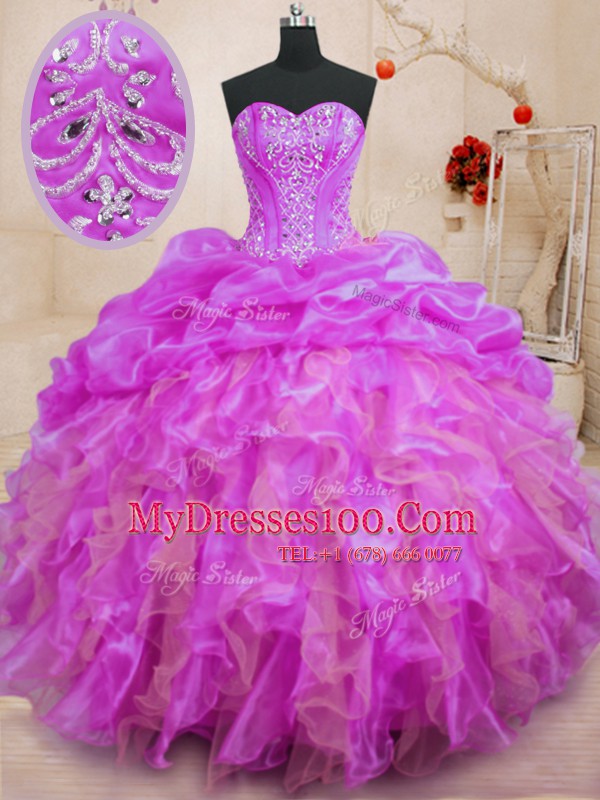 Dramatic Fuchsia Ball Gowns Beading and Ruffles Sweet 16 Quinceanera Dress Lace Up Organza Sleeveless Floor Length
