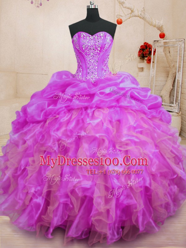 Dramatic Fuchsia Ball Gowns Beading and Ruffles Sweet 16 Quinceanera Dress Lace Up Organza Sleeveless Floor Length