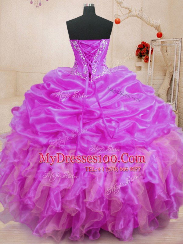Dramatic Fuchsia Ball Gowns Beading and Ruffles Sweet 16 Quinceanera Dress Lace Up Organza Sleeveless Floor Length