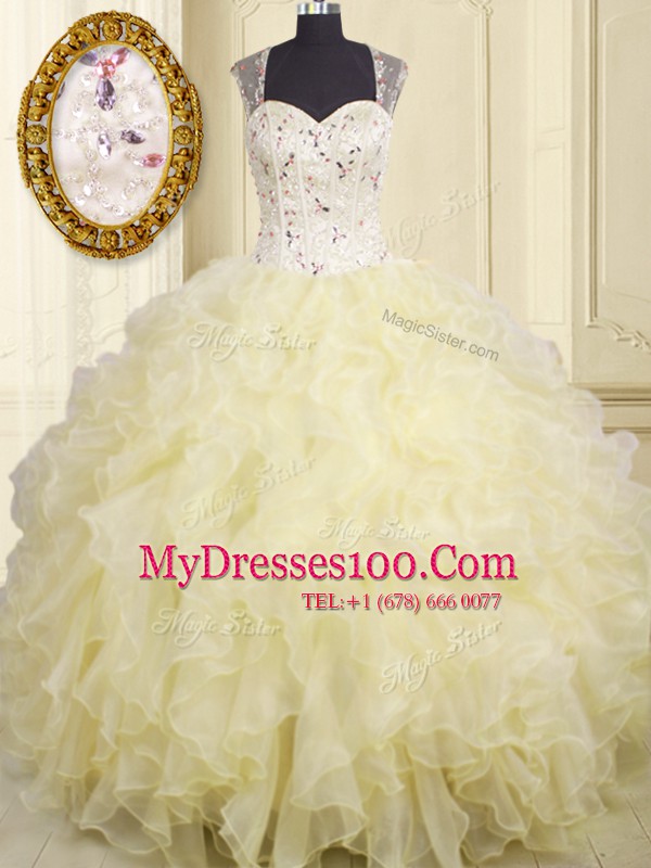 Chic Floor Length Lace Up Sweet 16 Quinceanera Dress Light Yellow for Military Ball and Sweet 16 and Quinceanera with Beading and Ruffles