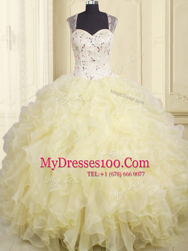 Chic Floor Length Lace Up Sweet 16 Quinceanera Dress Light Yellow for Military Ball and Sweet 16 and Quinceanera with Beading and Ruffles