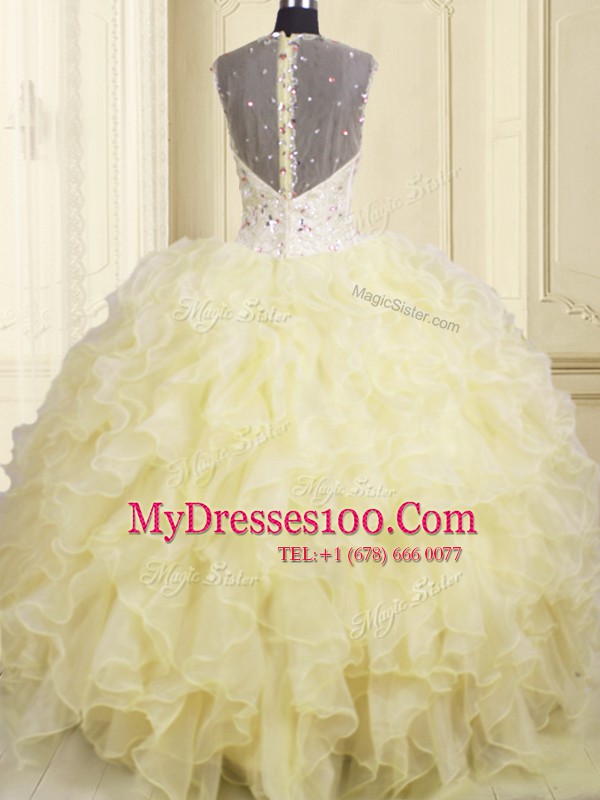 Chic Floor Length Lace Up Sweet 16 Quinceanera Dress Light Yellow for Military Ball and Sweet 16 and Quinceanera with Beading and Ruffles