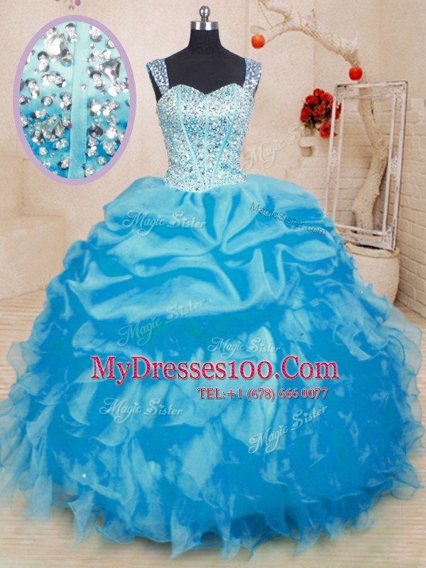 Organza Straps Sleeveless Lace Up Beading and Ruffles and Pick Ups Sweet 16 Dresses in Baby Blue
