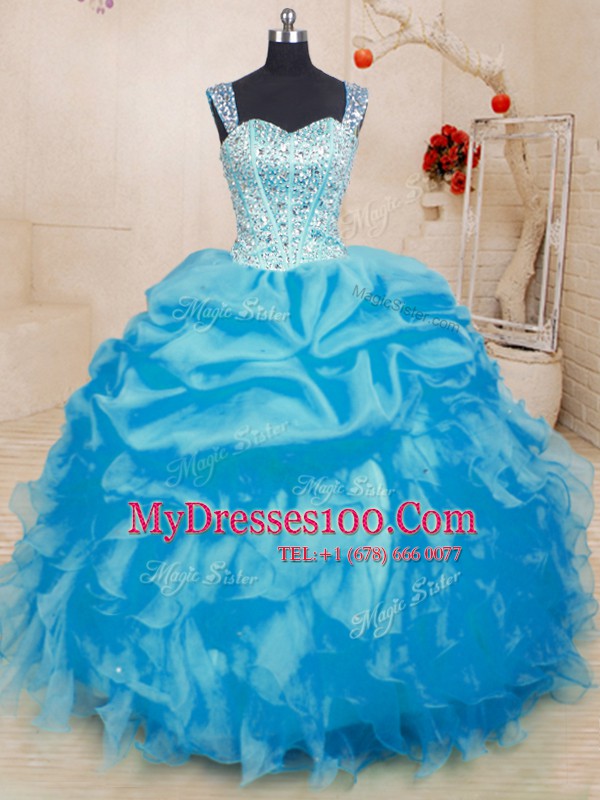 Organza Straps Sleeveless Lace Up Beading and Ruffles and Pick Ups Sweet 16 Dresses in Baby Blue