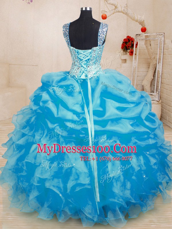 Organza Straps Sleeveless Lace Up Beading and Ruffles and Pick Ups Sweet 16 Dresses in Baby Blue