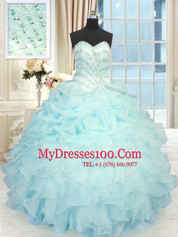 Fantastic Organza Sweetheart Sleeveless Lace Up Beading and Pick Ups Quinceanera Dress in Aqua Blue