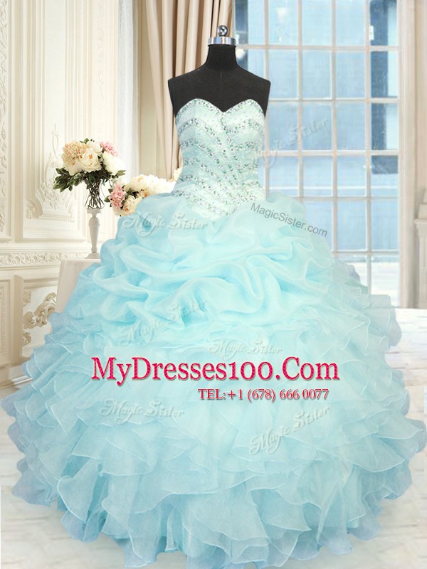 Fantastic Organza Sweetheart Sleeveless Lace Up Beading and Pick Ups Quinceanera Dress in Aqua Blue