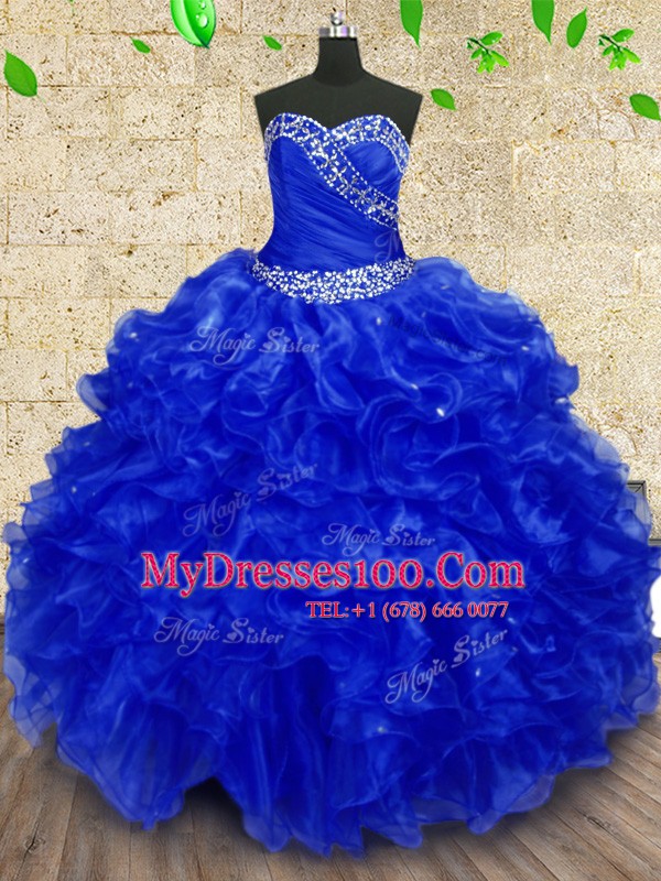 Royal Blue Ball Gowns Organza Sweetheart Sleeveless Beading and Ruffles and Ruching Floor Length Lace Up Sweet 16 Dress