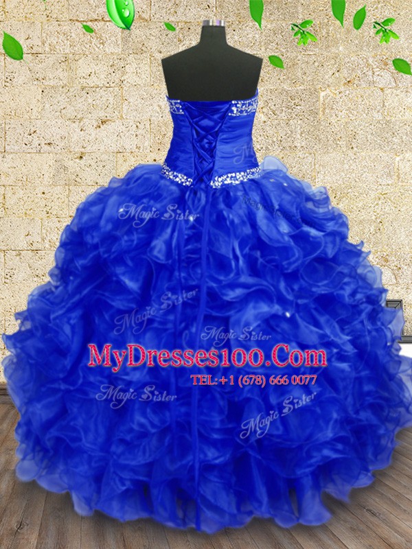 Royal Blue Ball Gowns Organza Sweetheart Sleeveless Beading and Ruffles and Ruching Floor Length Lace Up Sweet 16 Dress
