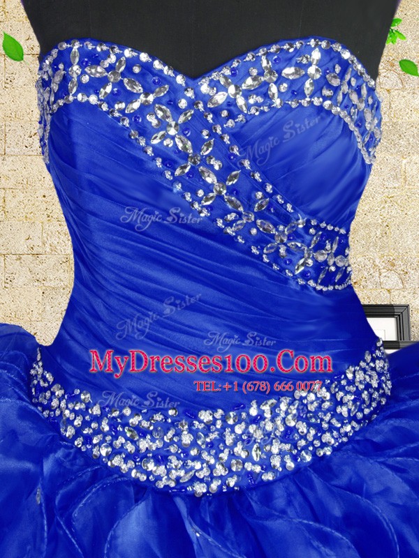 Royal Blue Ball Gowns Organza Sweetheart Sleeveless Beading and Ruffles and Ruching Floor Length Lace Up Sweet 16 Dress