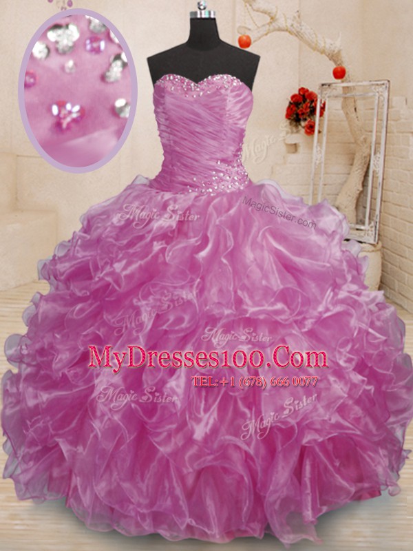 Lilac Sleeveless Organza Lace Up Sweet 16 Dress for Military Ball and Sweet 16 and Quinceanera