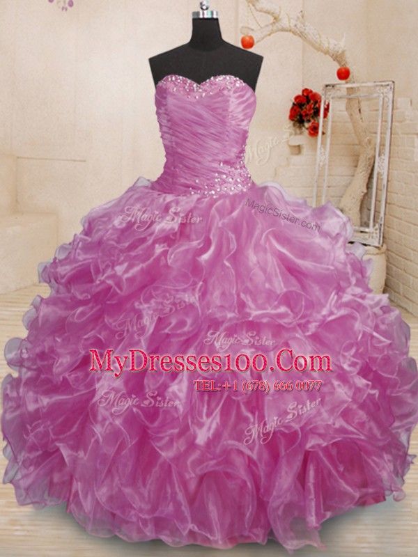 Lilac Sleeveless Organza Lace Up Sweet 16 Dress for Military Ball and Sweet 16 and Quinceanera