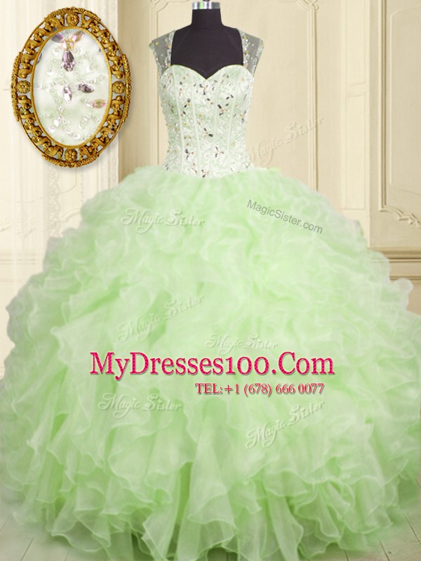 Exquisite Straps Sleeveless Organza Quinceanera Dresses Beading and Ruffles Lace Up
