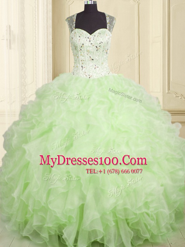 Exquisite Straps Sleeveless Organza Quinceanera Dresses Beading and Ruffles Lace Up