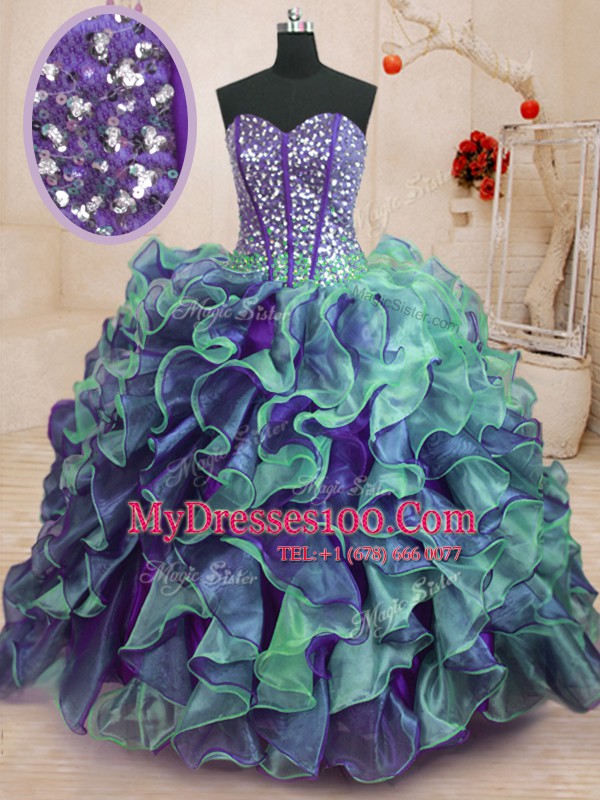 Multi-color Organza Lace Up Sweetheart Sleeveless Floor Length Vestidos de Quinceanera Beading and Ruffles