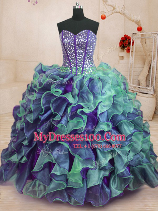 Multi-color Organza Lace Up Sweetheart Sleeveless Floor Length Vestidos de Quinceanera Beading and Ruffles