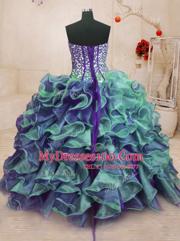 Multi-color Organza Lace Up Sweetheart Sleeveless Floor Length Vestidos de Quinceanera Beading and Ruffles