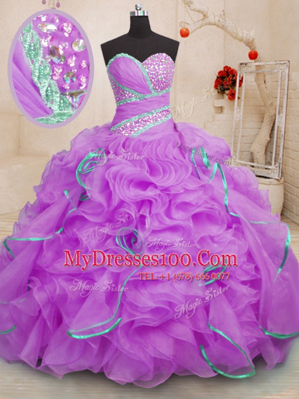 Lilac Sweetheart Lace Up Beading and Ruffles Quinceanera Dresses Brush Train Sleeveless