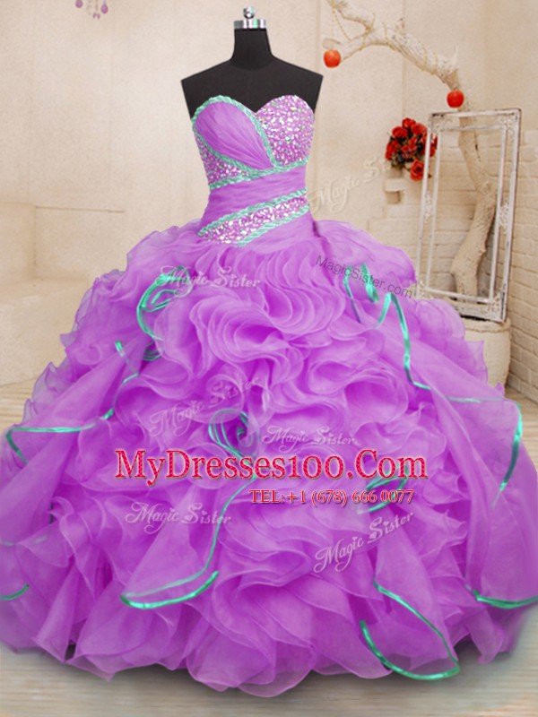 Lilac Sweetheart Lace Up Beading and Ruffles Quinceanera Dresses Brush Train Sleeveless
