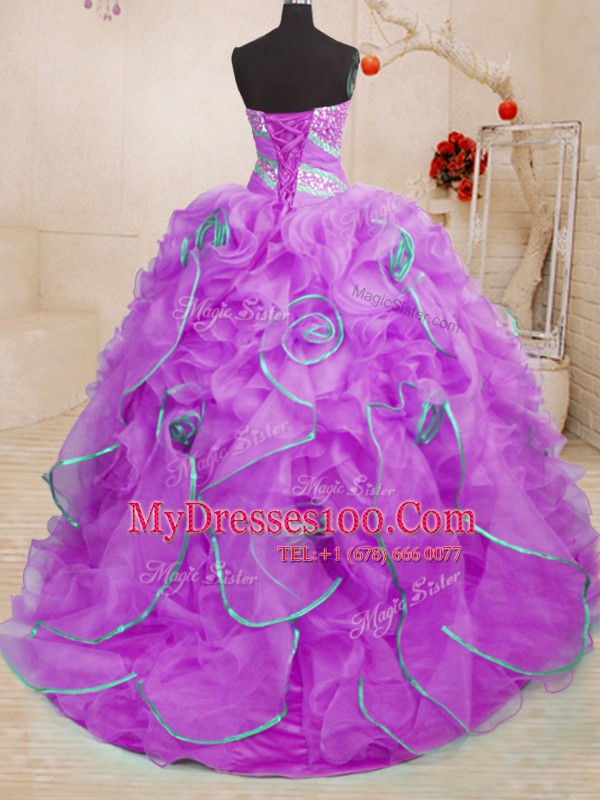 Lilac Sweetheart Lace Up Beading and Ruffles Quinceanera Dresses Brush Train Sleeveless