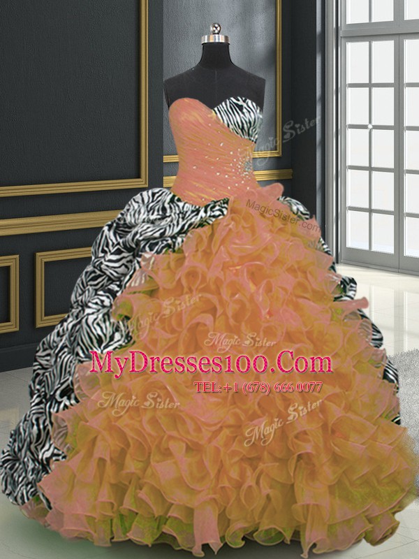 Custom Made Orange Ball Gowns Beading and Ruffles and Pattern Sweet 16 Dresses Lace Up Organza and Printed Sleeveless With Train