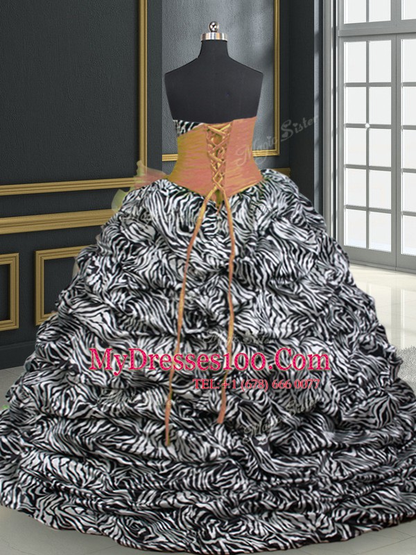 Custom Made Orange Ball Gowns Beading and Ruffles and Pattern Sweet 16 Dresses Lace Up Organza and Printed Sleeveless With Train