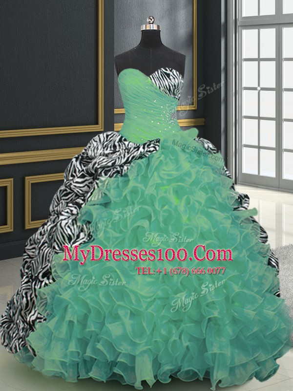 Printed With Train Green Ball Gown Prom Dress Sweetheart Sleeveless Brush Train Lace Up