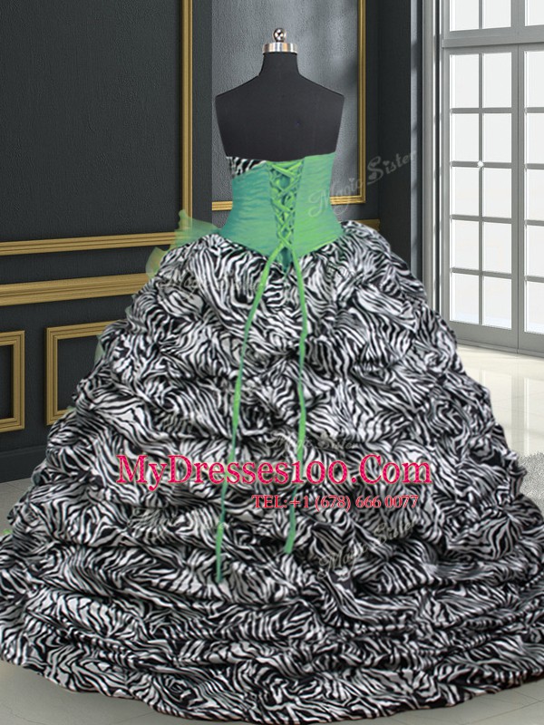 Printed With Train Green Ball Gown Prom Dress Sweetheart Sleeveless Brush Train Lace Up