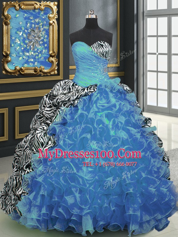 Fancy Sweetheart Sleeveless Sweet 16 Dresses With Brush Train Beading and Ruffles and Pattern Baby Blue Organza and Printed