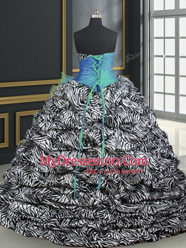 Fancy Sweetheart Sleeveless Sweet 16 Dresses With Brush Train Beading and Ruffles and Pattern Baby Blue Organza and Printed