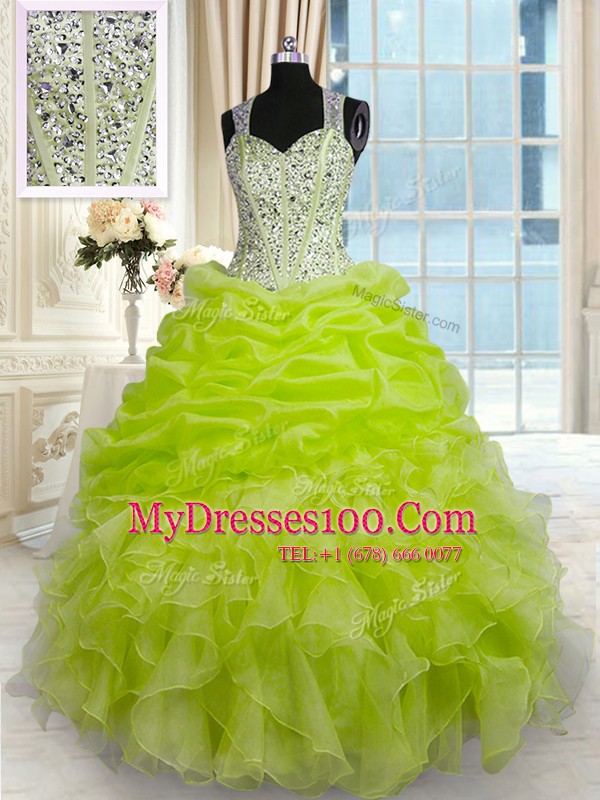 Pick Ups Floor Length Yellow Green Quinceanera Gowns Straps Sleeveless Zipper