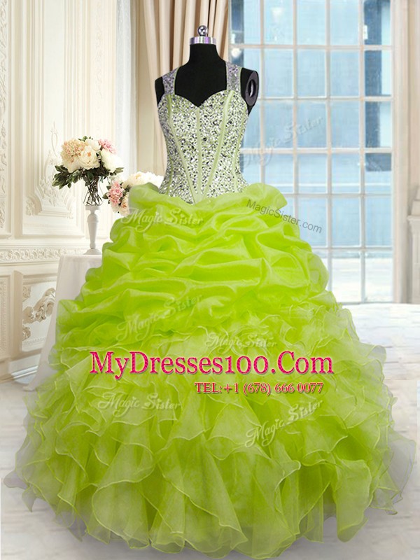 Pick Ups Floor Length Yellow Green Quinceanera Gowns Straps Sleeveless Zipper
