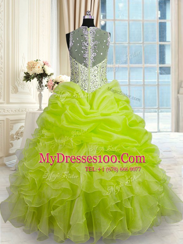 Pick Ups Floor Length Yellow Green Quinceanera Gowns Straps Sleeveless Zipper