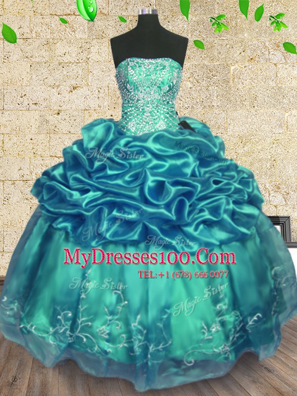 Sleeveless Floor Length Beading and Ruffles Lace Up 15th Birthday Dress with Turquoise