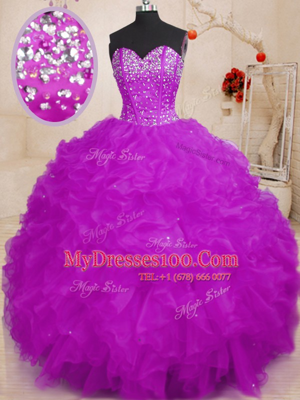 Adorable Floor Length Lace Up Quinceanera Dress Purple for Military Ball and Sweet 16 and Quinceanera with Beading