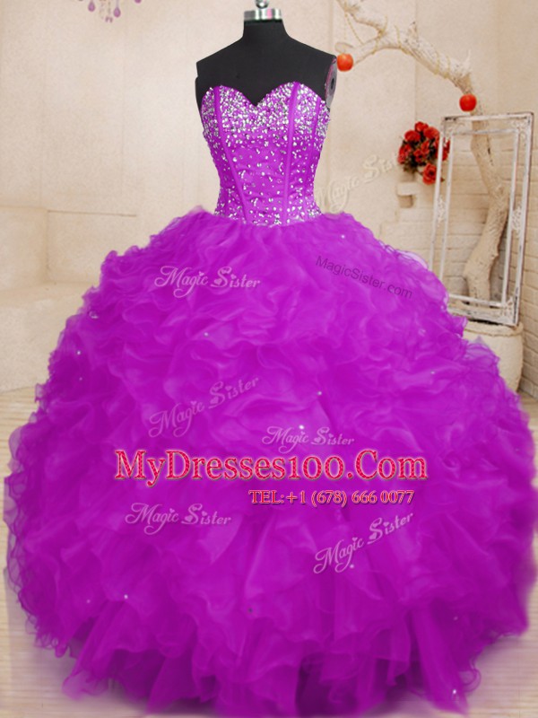 Adorable Floor Length Lace Up Quinceanera Dress Purple for Military Ball and Sweet 16 and Quinceanera with Beading