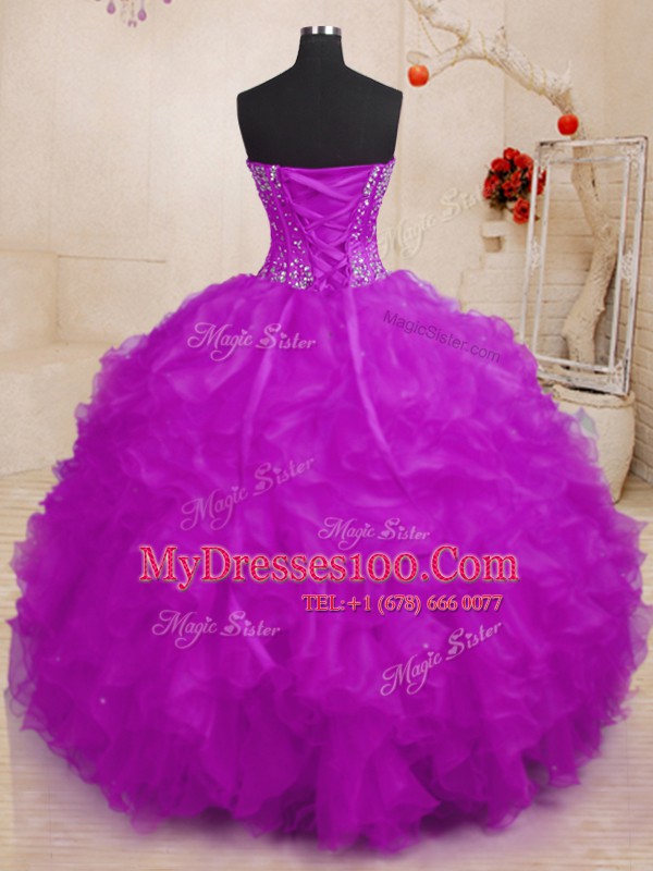 Adorable Floor Length Lace Up Quinceanera Dress Purple for Military Ball and Sweet 16 and Quinceanera with Beading