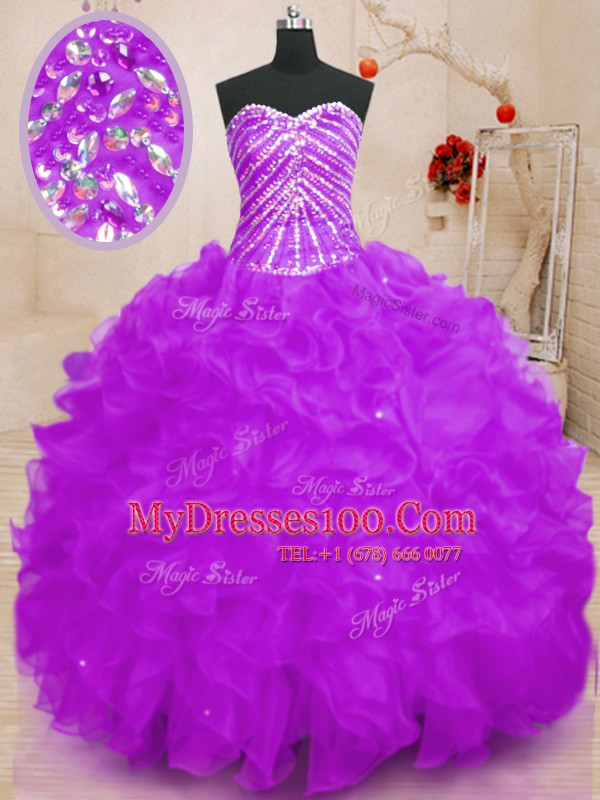 Purple Organza Lace Up Sweetheart Sleeveless Floor Length Vestidos de Quinceanera Beading and Ruffles and Sequins