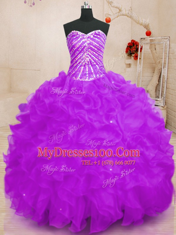 Purple Organza Lace Up Sweetheart Sleeveless Floor Length Vestidos de Quinceanera Beading and Ruffles and Sequins