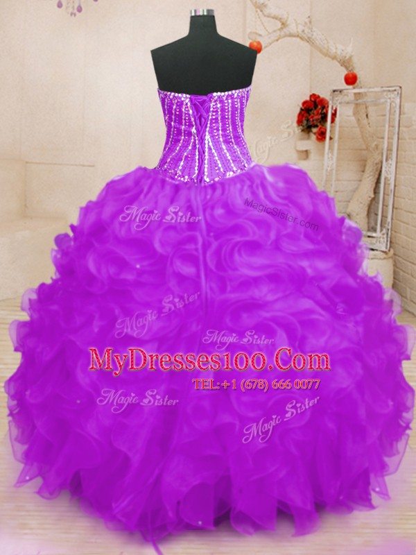 Purple Organza Lace Up Sweetheart Sleeveless Floor Length Vestidos de Quinceanera Beading and Ruffles and Sequins