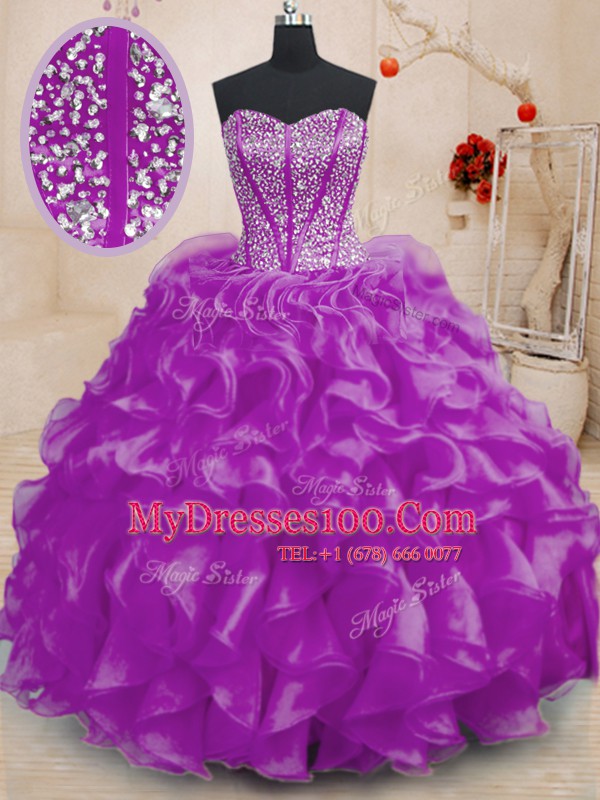 Trendy Sleeveless Lace Up Floor Length Beading and Ruffles Quince Ball Gowns