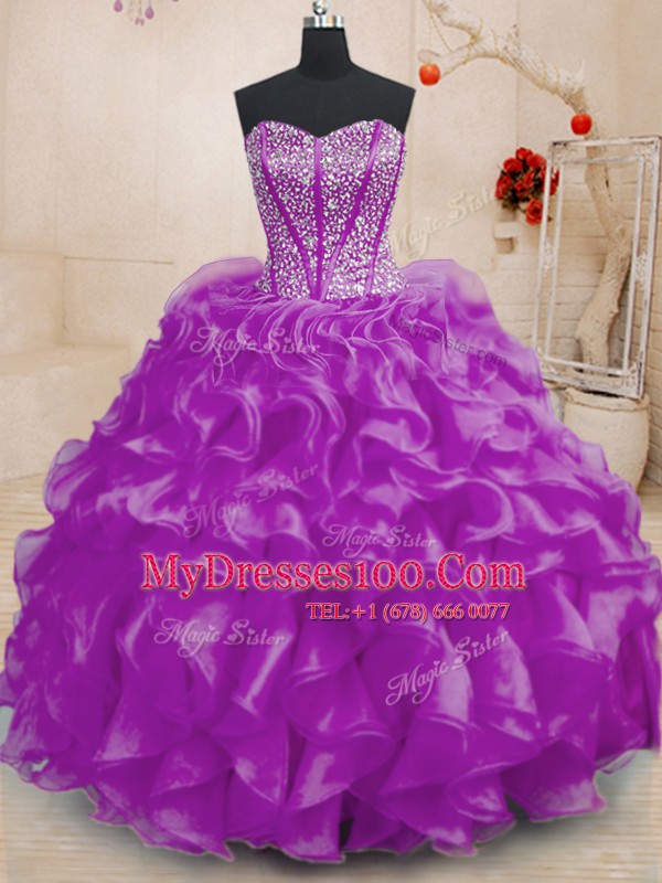 Trendy Sleeveless Lace Up Floor Length Beading and Ruffles Quince Ball Gowns